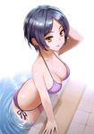  absurdres arm_support arm_up bangs bikini blue_hair breasts brown_eyes cleavage halterneck hayami_kanade highres idolmaster idolmaster_cinderella_girls large_breasts leaning_forward looking_at_viewer meto31 non-web_source parted_bangs parted_lips poolside purple_bikini scan short_hair side-tie_bikini smile solo swimsuit wading wet 