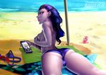  alternate_costume arched_back ass back beach beach_towel bikini bikini_top_removed blue_bikini breasts can cote_d'azur_widowmaker covering_nipples day doomfist_(overwatch) hair_pulled_back highres long_hair looking_at_viewer looking_back lying medium_breasts on_stomach overwatch purple_hair purple_skin solo swimsuit tai75105 topless towel widowmaker_(overwatch) 
