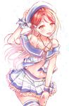  493water :d adjusting_clothes adjusting_hat blush brown_hair frilled_skirt frills hat jewelry long_hair looking_at_viewer love_live! love_live!_sunshine!! navel necklace open_mouth sailor_hat sakurauchi_riko skirt smile standing striped striped_legwear thighhighs white_hat wrist_cuffs 