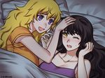  2girls animal_ears bare_arms bed black_hair blake_belladonna blonde_hair blush breasts cat_ears cleavage elbow fang hand_in_hair hand_on_another&#039;s_head hand_on_head happy in_bed kio_rojine long_hair looking_at_another multiple_girls on_bed one_eye_closed one_eye_open open_mouth orange_shirt petting pillow pillows purple_eyes purple_top rwby shirt smile sweatdrop t-shirt top very_long_hair wink yang_xiao_long yellow_eyes 