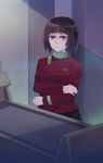  1girl black_hair cosplay crossover doctor high_res kirishima_aya looking_at_viewer mankitsu_happening medical_bed purple_eyes red_uniform short_hair simple_illust star_trek star_trek:_the_wrath_of_khan uniform 