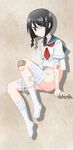  arm_support bandage_on_face bandage_over_one_eye bandaged_leg bandages bandaid black_eyes black_hair bottomless braid crop_top full_body goriate highres invisible_chair kobushi_abiru looking_at_viewer low_twintails navel sayonara_zetsubou_sensei school_uniform serafuku short_hair sitting socks solo twin_braids twintails white_legwear 