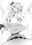  abs astolfo_(fate) bangs blush bow braid commentary_request eyelashes fang fate/apocrypha fate/grand_order fate_(series) greyscale hair_bow head_tilt highres indoors long_hair looking_at_viewer male_focus midriff monochrome multiple_boys navel neckerchief oohira_sunset open_mouth otoko_no_ko perspective pleated_skirt sailor_collar sailor_shirt shirt shirt_lift single_braid skirt smile straddling thighhighs thighs 