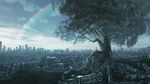  building city cityscape cloud cloudy_sky commentary_request day fantasy giant_tree highres no_humans original outdoors rainbow scenery sky skyline skyscraper sorakuma_(oycue41) tree 