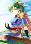  day fire_emblem fire_emblem:_rekka_no_ken fire_emblem_heroes green_eyes green_hair kiyuu long_hair looking_at_viewer lyndis_(fire_emblem) outdoors ponytail sitting smile 