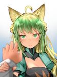  :&lt; ahoge animal_ears atalanta_(fate) blonde_hair blue_background blurry blush cat_ears closed_mouth commentary_request depth_of_field fate/apocrypha fate_(series) gradient gradient_background green_eyes green_hair hand_grab long_hair looking_at_viewer multicolored_hair pooosong solo_focus two-tone_hair v-shaped_eyebrows 