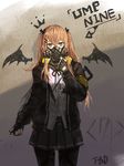  adjusting_mask artist_name bad_id bad_pixiv_id bat_wings black_legwear brown_eyes brown_hair character_name cowboy_shot drawn_wings f_and_d fingerless_gloves gas_mask girls_frontline gloves gun h&amp;k_ump hair_ornament hairclip heckler_&amp;_koch jacket long_hair looking_at_viewer pantyhose pleated_skirt scar scar_across_eye shadow shirt sketch skirt solo submachine_gun twintails ump9_(girls_frontline) weapon weapon_on_back white_shirt wings 