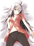  absurdres ahoge black_legwear blush breasts facial_scar gangut_(kantai_collection) grey_hair hair_between_eyes highres kantai_collection long_hair looking_at_viewer lying medium_breasts no_hat no_headwear no_jacket on_back open_mouth panties panties_under_pantyhose pantyhose red_eyes red_shirt rits_(single_type) scar scar_on_cheek shirt solo underwear undressing white_background 