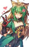  ahoge anger_vein animal_ears atalanta_(fate) blonde_hair blush breasts cat_ears dress fate/apocrypha fate/grand_order fate_(series) gloves green_eyes green_hair highres long_hair looking_at_viewer melon22 multicolored_hair small_breasts solo tail thighhighs two-tone_hair 