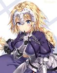  bangs black_bow blonde_hair blue_dress blue_eyes blush bow braid breasts capelet chain collar commentary_request dress fate/apocrypha fate_(series) faulds finger_to_mouth gauntlets hair_bow headpiece index_finger_raised jeanne_d'arc_(fate) jeanne_d'arc_(fate)_(all) large_breasts long_hair looking_at_viewer metal_collar plackart riichu shushing single_braid smile solo twitter_username vambraces very_long_hair 