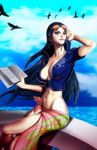  1girl alone birds black_hair blue_eyes book breasts cleavage clouds curvy female holding large_breasts leather_vest long_hair navel nico_robin one_piece sea ship sitting skirt sky solo stomach sunglasses sunglasses_on_head thighs zipper 