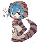  ahoge anger_vein animal_ears aqua_hair commentary hands_in_pockets highres hood hoodie kemono_friends long_sleeves looking_at_viewer open_mouth puchiman ribbon short_hair snake_tail striped_hoodie striped_tail tail tsuchinoko_(kemono_friends) 