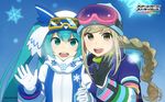  :d aqua_eyes aqua_hair artist_name blonde_hair braid buttons company_name copyright_name crossover eyebrows_visible_through_hair gloves goggles goggles_on_head hat hatsune_miku highres kobayashi_gen long_hair long_sleeves looking_at_viewer multicolored multicolored_stripes multiple_girls open_mouth round_teeth school_girl_strikers sidelocks single_braid smile snowflakes striped teeth twintails upper_body very_long_hair vocaloid waving white_gloves yaginuma_io yellow_eyes yuki_miku 