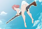  anus ass blush breasts caisamax cloud day feet flying grinding gun highres izetta large_breasts looking_at_viewer looking_back no_panties pussy pussy_juice red_eyes red_hair rifle shuumatsu_no_izetta sky smile soles solo uncensored weapon witch 