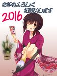  2016 ;d absurdres alternate_costume black_hair brown_eyes calligraphy_brush facepaint fubuki_(kantai_collection) furisode gradient gradient_background hagoita hanetsuki highres holding_brush japanese_clothes kadomatsu kantai_collection kimono looking_at_viewer new_year one_eye_closed open_mouth paddle paintbrush short_ponytail sidelocks smile solo syun3783 twitter_username white_background 