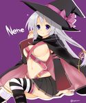  ayachi_nene belt breasts detached_sleeves gatakenjin hat long_hair looking_at_viewer medium_breasts navel purple_eyes ribbon sanoba_witch silver_hair skirt solo thighhighs witch_hat 