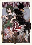  1girl alternate_costume animal_head asui_tsuyu blush boku_no_hero_academia braid breasts cape cleavage corset dress french_braid full_body green_hair jewelry long_hair looking_at_viewer mia0309 necklace puffy_short_sleeves puffy_sleeves red_eyes short_sleeves small_breasts tokoyami_fumikage 