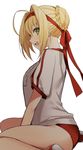  :d ahoge ass bangs between_legs blonde_hair blush bow braid braided_bun breasts buruma double_vertical_stripe eyebrows_visible_through_hair fate/extra fate/grand_order fate_(series) french_braid from_side full_body gambe green_eyes gym_shirt gym_uniform hair_between_eyes hair_bow hair_bun hair_intakes hand_between_legs headband highres looking_at_viewer looking_back medium_breasts name_tag nero_claudius_(fate) nero_claudius_(fate)_(all) olympian_bloomers open_mouth profile red_bow red_buruma red_footwear red_headband shirt shoes short_sleeves sidelocks sideways_glance sideways_mouth simple_background sitting smile sneakers solo spread_legs thighs upper_teeth wariza white_background white_shirt 