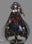 absurdres bare_shoulders black_dress black_hair breasts character_name cleavage copyright_name detached_sleeves dress fate/apocrypha fate_(series) full_body highres large_breasts long_hair looking_at_viewer pointy_ears semiramis_(fate) shi_qi_kuang_beng smile solo very_long_hair yellow_eyes 