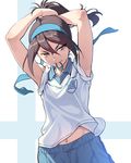  &gt;:) adjusting_hair alternate_hairstyle armpits arms_up blue_hairband blue_shorts brown_eyes brown_hair closed_mouth emblem finnish_flag flag_background girls_und_panzer gym_uniform hair_between_eyes hair_tie hair_tie_in_mouth hairband keizoku_(emblem) long_hair looking_at_viewer mika_(girls_und_panzer) mouth_hold navel pairan ponytail shirt short_sleeves shorts sidelocks sleeves_rolled_up smile solo tsurime two-tone_background tying_hair upper_body v-shaped_eyebrows white_shirt wing_collar 