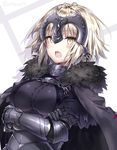  bangs black_armor black_dress blush breast_hold breasts cape chain collar commentary_request crossed_arms dress fate/grand_order fate_(series) fur_collar gauntlets headpiece jeanne_d'arc_(alter)_(fate) jeanne_d'arc_(fate)_(all) large_breasts looking_at_viewer metal_collar open_mouth plackart riichu short_hair silver_hair solo twitter_username vambraces yellow_eyes 