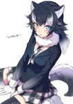  :o animal_ears between_breasts between_legs black_coat black_hair black_jacket black_legwear blue_eyes blush breast_pocket breasts commentary_request eyebrows_visible_through_hair from_above fur_collar gloves grey_wolf_(kemono_friends) hand_between_legs heterochromia highres jacket kemono_friends long_hair long_sleeves looking_at_viewer miniskirt multicolored_hair necktie necktie_between_breasts plaid plaid_neckwear plaid_skirt pleated_skirt pocket sangatsu_(sangatsu_05) simple_background sitting skirt solo tail thighhighs two-tone_hair wariza white_background white_gloves white_hair wolf_ears wolf_girl wolf_tail yellow_eyes zettai_ryouiki 