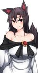  animal_ears bare_shoulders black_hair blush breasts brooch closed_mouth collarbone commentary_request dress imaizumi_kagerou jewelry kuroba_rapid large_breasts long_hair long_sleeves looking_at_viewer off-shoulder_dress off_shoulder red_eyes smile solo tail touhou upper_body white_dress wide_sleeves wolf_ears wolf_tail 