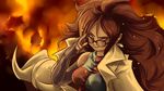  1girl android_21 arm_warmers big_hair black-framed_glasses blue_eyes brown_hair dragon_ball dragon_ball_fighterz earring female fire glasses holding_glasses hoop_earrings labcoat long_hair multicolored_clothes multicolored_dress plague_of_gripes solo 