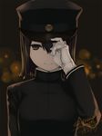  akitsu_maru_(kantai_collection) black_eyes black_hair black_hat breasts gloves hat hat_over_one_eye kantai_collection large_breasts looking_at_viewer military military_hat military_uniform peaked_cap remodel_(kantai_collection) rokuwata_tomoe short_hair smile uniform upper_body white_gloves 