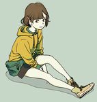  black_skirt blue_background bob_cut brown_eyes brown_hair closed_mouth commentary drawstring full_body highres hood hooded_jacket hoodie hosoo jacket long_sleeves looking_at_viewer shoes short_hair sitting skirt sleeves_pushed_up sneakers solo white_skin yellow_footwear yellow_jacket 