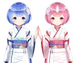  bangs blue_eyes blue_hair blunt_bangs blush closed_mouth commentary_request detached_sleeves eyebrows_visible_through_hair glowing_horn hair_ornament hand_up holding_hands horn japanese_clothes kimono long_sleeves looking_at_viewer multiple_girls obi oni pink_eyes pink_hair ram_(re:zero) re:zero_kara_hajimeru_isekai_seikatsu rem_(re:zero) sash short_hair siblings simple_background sisters smile standing twins white_background white_kimono wide_sleeves x_hair_ornament yasuyuki younger 