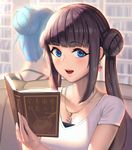  :d absurdres bad_id bad_pixiv_id bangs blue_eyes blue_hair blunt_bangs blurry blush book bookshelf breasts brown_hair chain_necklace cleavage collarbone commentary_request couch crescent crescent_necklace depth_of_field double_bun earrings eyebrows_visible_through_hair facing_away hair_bun heart heart_earrings highres holding holding_book jewelry light long_hair looking_at_viewer medium_breasts moonandmist multiple_girls necklace open_book open_mouth original shiny shiny_hair shirt short_hair short_sleeves sidelocks sitting smile sparkle translation_request twintails upper_body white_shirt 
