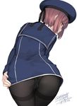  artist_name ass bangs black_legwear blue_dress blue_hat brown_eyes brown_hair cowboy_shot crotch_seam dated dress from_behind hand_on_own_thigh hat kantai_collection leaning_forward looking_at_viewer looking_back panties panties_under_pantyhose pantyhose parted_lips profile rokuwata_tomoe sailor_collar sailor_dress sailor_hat short_dress short_hair simple_background solo thighband_pantyhose trefoil twitter_username underwear white_background z3_max_schultz_(kantai_collection) 