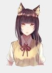  animal_ears bangs blunt_bangs brat breasts brown_hair cat_ears collared_shirt commentary_request highres long_hair looking_at_viewer medium_breasts neck_ribbon original parted_lips ribbon shirt short_sleeves solo sweater_vest upper_body white_shirt yellow_eyes 