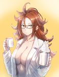  android_21 black-framed_eyewear bow_(bhp) breasts brown_hair cleavage coffee_mug collarbone cup curly_hair dragon_ball dragon_ball_fighterz dragon_ball_z earrings glasses green_eyes hoop_earrings jewelry large_breasts long_hair looking_at_viewer mug naked_shirt no_bra open_clothes open_shirt shirt simple_background solo yellow_background 