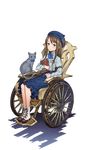  beret black_cat blue_bow blue_dress blue_hat book bow brown_eyes brown_hair cat dress full_body hat highres long_hair looking_at_viewer official_art pocket_watch princess_principal princess_principal_game_of_mission shirley_collins shoes sitting solo transparent_background watch wheelchair white_footwear 