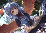  bird_wings black_bow blue_hair book bow brown_eyes dutch_angle forest head_wings horns long_sleeves looking_at_viewer multicolored_hair namatyaba nature red_bow short_hair single_head_wing solo tokiko_(touhou) touhou tree two-tone_hair white_hair wings 
