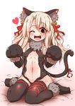  animal_ears bell black_leotard cat_ears cat_paws eyebrows_visible_through_hair fate/kaleid_liner_prisma_illya fate_(series) hair_bell hair_ornament heart highres illyasviel_von_einzbern kotee leotard navel one_eye_closed open_mouth paw_pose paws sitting tail thighhighs wariza 