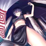  armpits bare_arms bare_shoulders black_hair blue_eyes breasts china_dress chinese_clothes commentary_request crop_top dress from_below hagoromo hair_between_eyes houshin_engi midriff navel ou_kijin pillar rock shawl short_hair smile solo string taichi thighs underboob 