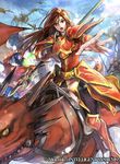  altenna_(fire_emblem) armor bangs breastplate commentary company_connection copyright_name day dragon fire_emblem fire_emblem:_seisen_no_keifu fire_emblem:_thracia_776 fire_emblem_cipher headband holding holding_sword holding_weapon long_hair looking_at_viewer official_art open_mouth outdoors outstretched_arm polearm red_eyes red_hair shoulder_armor sky spear sword very_long_hair wada_sachiko weapon wings wyvern 