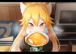  aburaage animal_ears black_gloves blonde_hair blush commentary_request controller cushion donbee_(food) eating extra_ears ezo_red_fox_(kemono_friends) food fox_ears fox_tail fur-trimmed_gloves fur_trim gloves hair_between_eyes holding indoors jacket japari_symbol kamaboko kemono_friends long_hair looking_at_viewer nissin orange_jacket product_placement remote_control sangatsu_(sangatsu_05) solo tail television udon yellow_eyes zabuton 