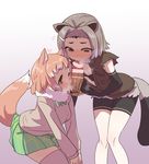  american_beaver_(kemono_friends) animal_ears bar_censor beaver_ears black-tailed_prairie_dog_(kemono_friends) blush brown_eyes censored commentary_request cum cum_in_mouth disembodied_penis elbow_gloves fellatio ffm_threesome fur_collar gloves gradient gradient_background grey_hair group_sex hetero highres kemono_friends male_pubic_hair multicolored_hair multiple_fellatio multiple_girls one_eye_closed open_mouth oral penis prairie_dog_ears pubic_hair short_hair shorts skirt sleeveless solo_focus sumiyao_(amam) tail tears thighhighs threesome veins veiny_penis white_legwear 
