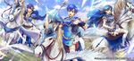  armor belt blue_eyes blue_hair blue_sky boots breastplate cape circlet cloud commentary company_connection copyright_name day dress elbow_gloves feathers fire_emblem fire_emblem:_fuuin_no_tsurugi fire_emblem_cipher gloves highres holding holding_weapon horn horseback_riding jewelry looking_at_viewer multiple_girls outdoors pegasus pegasus_knight polearm riding shiny short_dress short_sleeves shoulder_pads sky smile tate thany thigh_boots thighhighs wada_sachiko weapon white_dress white_footwear wings yuno_(fire_emblem) 