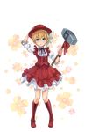  blonde_hair blue_eyes boots bow cross-laced_footwear dress flower frilled_dress frills full_body hand_on_headwear hat highres jan_stanton looking_at_viewer official_art princess_principal princess_principal_game_of_mission red_footwear red_hat short_hair sledgehammer standing transparent_background white_bow wristband 
