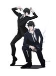  absurdres black_eyes black_hair black_neckwear black_pants black_suit cigarette formal ginoza_nobuchika glasses hand_in_pocket harutan044 highres kougami_shin'ya looking_at_viewer male_focus multiple_boys necktie pants pose psycho-pass smoking suit 