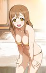  :d a1 bandeau bare_shoulders bed bedroom bikini breasts brown_eyes brown_hair cleavage cowboy_shot hands_on_own_thighs indoors kunikida_hanamaru large_breasts leaning_forward looking_at_viewer love_live! love_live!_sunshine!! medium_hair open_mouth smile solo strapless strapless_bikini swimsuit yellow_bikini 