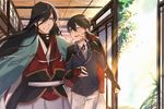  architecture black_hair blue_eyes braid cape double-breasted earrings east_asian_architecture grin hand_on_another's_face horikawa_kunihiro izumi-no-kami_kanesada japanese_clothes jewelry male_focus multiple_boys one_eye_closed open_mouth side_braid sliding_doors smile touken_ranbu ume_(plumblossom) 