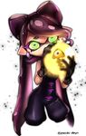  absurdres aori_(splatoon) commentary_request detached_collar domino_mask dress earrings food food_on_head green_eyes highres jewelry looking_at_viewer mask mole mole_under_eye object_on_head pointy_ears puchiman purple_hair short_jumpsuit splatoon_(series) splatoon_2 strapless strapless_dress tentacle_hair unitard 