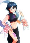  1girl bare_legs bare_shoulders black_hair blue_eyes blush breasts curvy dress female houshin_engi looking_at_viewer medium_breasts midriff navel no_bra ou_kijin ryoko_(tbtrk1026) shiny_skin short_hair smile solo tattoo thong 