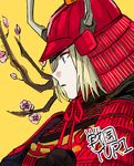  absurdres armor blonde_hair branch flower green_eyes helmet highres japanese_armor kabuto male_focus parted_lips profile samurai takoda_(piyoke78) yuri!!!_on_ice yuri_plisetsky 